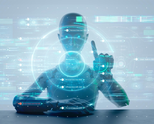 AI Robot tapping on hologram display